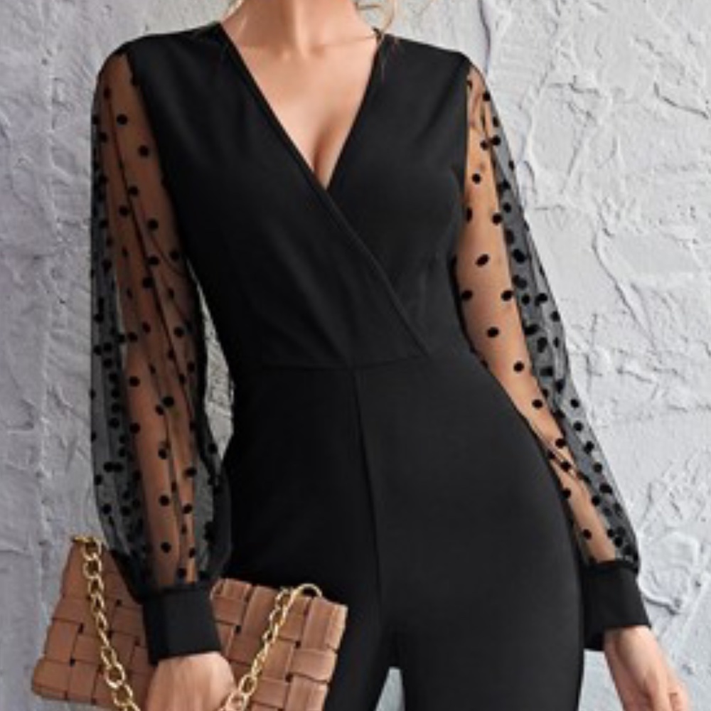 Black Polka Dot Sheer Sleeve Fitted Jumpsuit - Picture 3 of 4